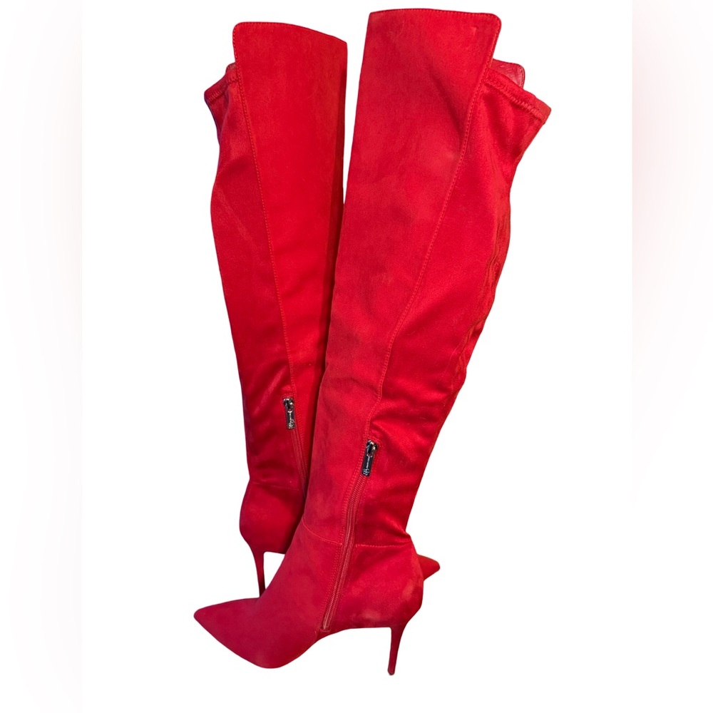 Jessica Simpson NWT Sz 8M Elegant Red Fabric Over the Knee Heeled Boots (SH158) - Picture 4 of 12
